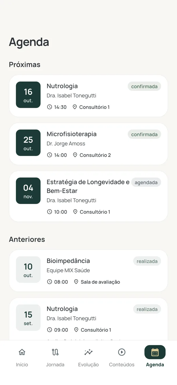 Tela Agenda do aplicativo MIX Saúde, com as próximas consultas